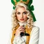 Placeholder: A beautiful woman with platinum blonde hair, curly hair, wearing St. Patrick style clothing, St. Patrick headdress, gold leather, buckles and eyelets, black leather belt, white lace, black boots, green fingernails, model in the style of Hapers BAZAAR of the 40s, white background.