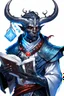 Placeholder: En Young male black skin tiefling fra dnd holding a book with Arcane Magic in a silver and White Rope. His horn a perfectly place on acet from the front to the back pointing upwards with glowing Red cat Eyes glowing Blue Arcane Magic around them ice crystals flowing around him. His close is elegant get simple