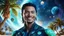 Placeholder: beautiful gorgeous young man na'vi with long hair, Avatar, blue skin, two small ears, green eyes, black hair, in cosmic suit, galactic ambiance, medium pointy goatee , smiling, with spaceship and planets and palm trees and clear crystaline cosmic beach in background