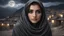 Placeholder: Hyper Realistic close-up-photographic-view of Beautiful-Pashto-Girl covering her face with grey-shawl with beautiful eyes wearing-black-dress standing outside village-houses giving-bold-expressions on mountain-top at night with cloudy-moonlight showing dramatic & cinematic ambiance