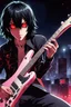 Placeholder: A 30 years old male guitarist playing electric guitar at a midnight concert, manly facial features, red creepy alien bug eyes, black hair, athletic build, correct hands, in the style of manga "Rosario+Vampire"