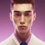 Placeholder: man, cute face, white highlight hair, brown eye, white, skin, purple suits, futuristic, science, purple, blue, dark pink background lighting, technology, profile, asian boy, square face, light orange