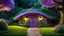 Placeholder: hobbit cottage in the woods surrounded by trees, night, whimsical feel, pinks, blues, purple and green colors, circular hobbit-style door with central knocker, circular hobbit-style windows, green grass roof, lanterns, starlight, chiaroscuro, quaint, homely, inviting, LOTR, Tolkien