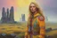 Placeholder: Beautiful blonde brown woman with freckles, wearing a colorful, vibrant, detailed embroidered costume, medium-full shot, in misty stonehenge moor landscape gilet jaune scene, Smokey fluo, by Michael Whelan