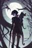 Placeholder: vampire girl showing fangs with short cropped cyberpunk hair wandering with her wolf in tangled forest in the moonlight