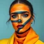 Placeholder: a female model dressed in multiple colors and stripes on her face, in the style of abstract colorist, navy and amber, john wilhelm, airbrushing, crossed colors, ramses younan, idealized beauty