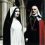 Placeholder: [high res colourful photo by Helmut Newton] Dracula introduces you: sister Bloody Mary, he stands with a pervert smile behind the nun, she is terribly bloody and has pointed canine fangs