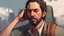 Placeholder: a man with a backpack looking up at the sky, keanu reevez in disco elysium, disco elysium character, nft portrait, official fanart, background artwork, adar darnov, profile picture 1024px, artwork in the style of guweiz, dark. no text, disco elysium style, fanart, drake in gta v