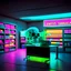 Placeholder: Unsettling office, skull, neon, empty, a computer is running, liminalcore, windows 95 logos, supermarket, Yves Tanguy