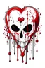 Placeholder: semi transparent, heart shaped patch with stitches on the sides, little white skull in the middle of the heart, red paint dripping down from the skull, white background