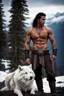 Placeholder: Handsome and muscular 30 year old shirtless mountain man standing next to a white wolf, dark fantasy, snow capped mountains