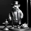 Placeholder: a statuette of a well dressed pig-man cult greyscale photo