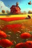 Placeholder: field, farm, scarecrow, plants, red flowers, grass, sky, bees, honey, bee houses, trees, fountain, flowers, brown board