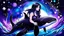 Placeholder: picture of pretty killer whale and girl on space background in violet color