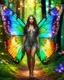 Placeholder: Full body Gorgeous Photography Realistic Natural Beautiful butterfly girl straddle wings with shiny brown flowing hair, glitter colorful butterfly wings, lovely glowing green eyes, surrounded by magical colorful forest and flickering lights, digital photography, kaleidoscope, vibrant colors, vivid colors, colorful, she walk in magic forest