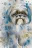Placeholder: Abstract wet watercolour of a Shih tzu ink lines, interlinked circles,detailed focus on eyes