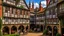 Placeholder: A Paved Courtyard, With Tudor Gothic Houses, Tall twisted Chimneys, warped Rooves, People, Shops,