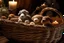 Placeholder: Cute but quirky stuffed animals lie in a carved basket on a soft sling, by candlelight