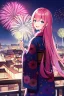 Placeholder: girl, masterpiece, best quality, cinematic lighting, detailed outfit, vibrant colors, perfect eyes, long hair, pink hair, blue eyes, kimono, fireworks, laughing, town, looking back,