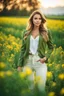 Placeholder: fullbody close up shot of young-beautiful-girl-with-a-perfect-face wearing pants and thight blouse and jacket, country side green field flowers day lights