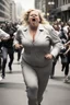 Placeholder: an obese terrified blonde white woman crying and sobbing in a pant suit desperately running away from an angry mob of thousands of all black people chase her down a city street