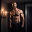 Placeholder: Hyper Realistic Photographic Long Shot View of A (french Beard) Manly Muscular Extremely Handsome Shirtless Ginger Man (Age 35 with Short Hair) Showing His Muscular Smooth Chest with a black towel, Standing & Giving a Light Bold Smile Seductively Against The Wall Inside His Bedroom With Ceiling Lights & Candles In Bedroom With Smoky Environment At Dark Night Showing Dramatic & Cinematic Ambiance.