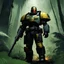 Placeholder: [a plane warhammer 40,000] judge dredd in heavy power armour, with boots in the jungle were a plane crashed