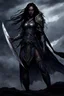 Placeholder: SA female elf with skin the color of storm clouds, deep grey, stands ready for battle. Her long black hair flows behind her like a shadow, while her eyes gleam with a fierce silver light. Despite the grim set of her mouth, there's a undeniable beauty in her fierce countenance. She's been in a fight, evidenced by the ragged state of her leather armor and the red cape that's seen better days, edges frayed and torn. In her hands, she grips two daggers, add dark shadow mystic purple flames