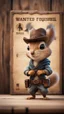 Placeholder: wanted poster on wooden wall depicting a handsome cute cowboy squirrel ninja,bokeh like f/0.8, tilt-shift lens 8k, high detail, smooth render, down-light, unreal engine, prize winning