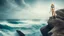 Placeholder: blonde woman standing at the edge of a cliff waves crashing against the rocks below