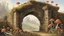 Placeholder: Mushrooms with octopus tentacles covering a crumbling stone wall and an arch behind, Roger Dean-style