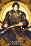 Placeholder: A handsome 30 year old knight, black hair, male bob haircut, in black-and-gold plate armor, golden katana in both hands, no beard, european