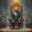 Placeholder: rich pig in suit on a throne making stacks of money by making a deal with a buisnessman. background of musicians. beksinski style