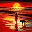 Placeholder: A painting of a woman and a dog walking on a beach at sunset with the red sun in the background, inspired by Chris Moore, inspired by Henry Macbeth-Rayburn, bloody sunset, looking out into the Red Ocean, acrylic and oil painting, with sunset, watching the sunset, 'a lonely dark figure'' !!, inspired by Dave Kendall, epic red - orange moonlight, acrylic painting on oiled canvas