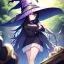 Placeholder: Clear focus,High resolution, black long fluffy hair, long fluffy bangs, purple eyes, wearing a witch outfit, wearing a short skirt