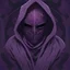 Placeholder: warlock, black mask with ash purple patterns, black robe with ash purple patterns, dark, ominous, ash purple