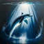 Placeholder: A dramatic, chiaroscuro-style acrylic painting of a powerful dolphin hunting its prey in the depths of the ocean, with stark contrasts between light and shadow to emphasize the intensity and raw beauty of the scene