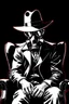 Placeholder: western styles man with wide flat brim flat top hat shading face, wearing a gas-mask, sitting forward on a wingback chair, vignette, black and white graphic novel style with a red outline on black background, gothic body horror