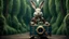 Placeholder: High-end hyperrealism epic rabbit hero holding a steampunk camera, Steampunk-inspired cinematic photography, symmetry forest alley background, Aesthetic combination of metallic sage green and titanium blue, Vintage style with brown pure leather accents, Art Nouveau visuals with Octane Render 3D tech, Ultra-High-Definition (UHD) cinematic character rendering, Detailed close-ups capturing intricate beauty, Aim for hyper-detailed 8K