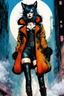 Placeholder: Create a fine art print , full body illustration of an epic fantasy Gothpunk Girl , with finely lined and detailed facial features, in a ragged fox fur coat, fishnet stockings ,battered combat boots, , in the comic book style of Bill Sienkiewicz, Philippe Druillet, and Jean Giraud Moebius, precisely drawn, colored and inked