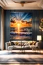 Placeholder: Ocean sunset, cinematic, trompe l'oeil metal print mural in a living room, hand made, haute couture handles for residential interior