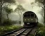 Placeholder: an abandoned train on tracks overgrown by nature with large puddles of water flooding part of tracks, warrior stand in front, 8k resolution, high-quality, fine-detail, intricate, digital art, detailed matte, volumetric lighting, illustration, 3D octane render, brian froud, howard lyon, selina french, anna dittmann, annie stokes, lisa parker, greg rutowski