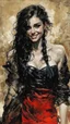 Placeholder: highly detailed, full body ink wash and watercolor painting, petite, shyly smiling, woman of Spanish and Lebanese heritage with long dark hair in a single braid, sharply defined angular facial features, anatomic perfection, by Andrea Kowch> <Yoji Shinkawa><Arthur Rackham> <Jean-Giraud Moebius, saturated vibrant natural color tones, precisely drawn and inked, 8k resolution
