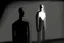 Placeholder: monochrome, cardboard figure on the left of the picture, stocky human figure with a head tilted to the left, almost no neck, no face or hair, schematic drawing, against a dark grey background with a symmetrical pattern, a lighter grey, almost monochrome, in moonlight, crayon drawing in shades of grey and black, ethereal, cinematic postprocessing