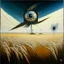 Placeholder: High concept art, dramatic reality failing landscape, traditional Japanese shodo oil painting on silk, in empty waving wheat field an astronaut with a screen for a head broadcasting a picture of a giant eyeball, fantastical organic windmills with blades of condor wings, sinister, concept art, oddball masterpiece, sfumato, complex contrast