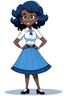 Placeholder: Design of a cartoon character wearing a blue skirt and a white shirt, and her hair is black, long, thick and soft.