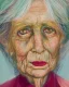 Placeholder: Abstract portrait of a dignified old woman with green eyes and white hair