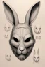 Placeholder: Hand drawn, art by Wayne Reynolds rabbit mask, detailed drawings, cross section, concept sheet sketch, 8k