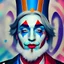 Placeholder: jester's hat, sad court jester, white face clown makeup, Aaron Carter, blue lips, handsome, circus, melancholy expression, trace light, Paint spatters, muted drips, sad, sad clown face paint, fantasy, anime, volumetric lighting, sun shafts, spectral, illuminated, gothic colors, modern fairy tale, high detail, red leaf tree, perfect
