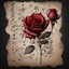 Placeholder: Hyper realistic sketch of a red rose & musical notes on a vintage paper on side with dark background